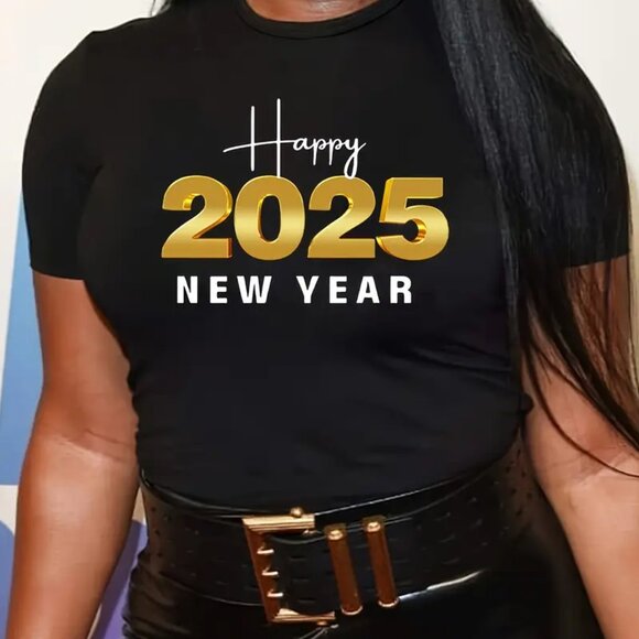 NWT Women Festive Black Happy 2025 New Year T-Shirt - Picture 1 of 15